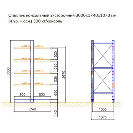 Стеллаж консольный двухсторонний СК 140, высотой 3000 мм от компании Абсолют